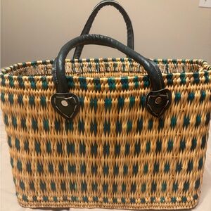 Stylish Tan and Green Woven Tote Bag